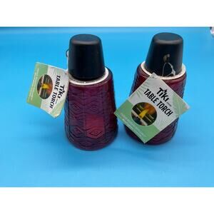 Tiki Table‎ Torch Pair Red Glass Diamond Pattern Outdoor Decor NWT